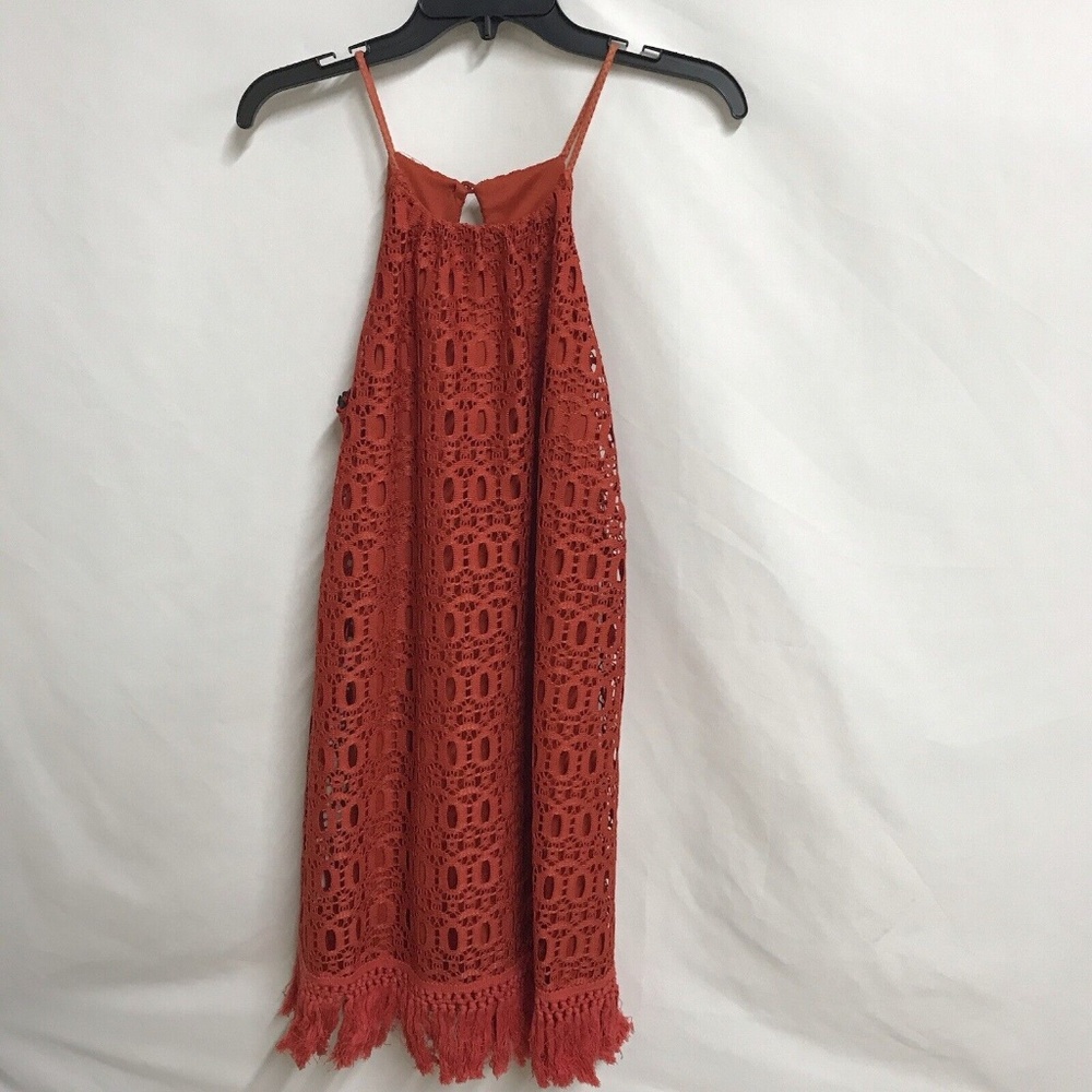 Burnt Orange FLORAL LACE Over Lining Slvls DRESS Sz S Fringe Hem